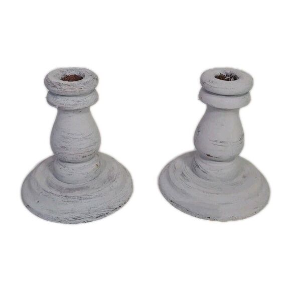 Primitive 5" Wood Candlesticks Set of 2 Rustic Farmhouse Decor Distressed Gray - Picture 3 of 4
